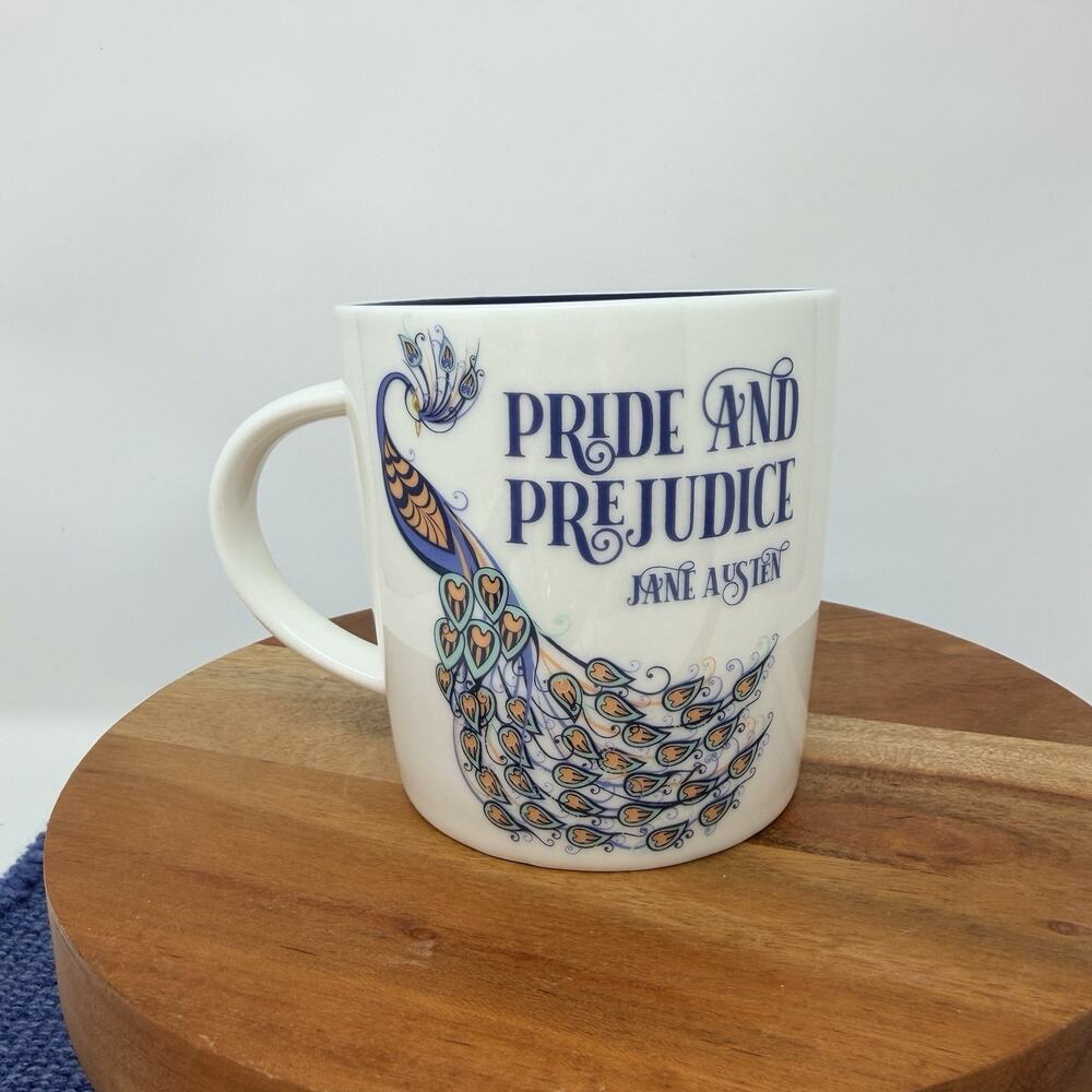 Jane Austen Pride and Prejudice Mug 14oz Peacock with Feathers Steel Mill